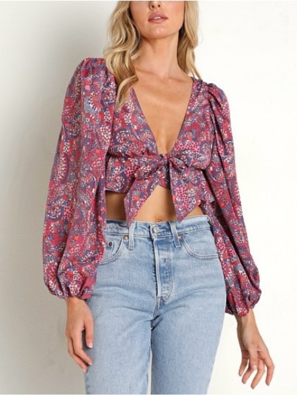 For Love & Lemons Tonya Crop Top Purple Patchwork Floral Puff Sleeve Tie Front